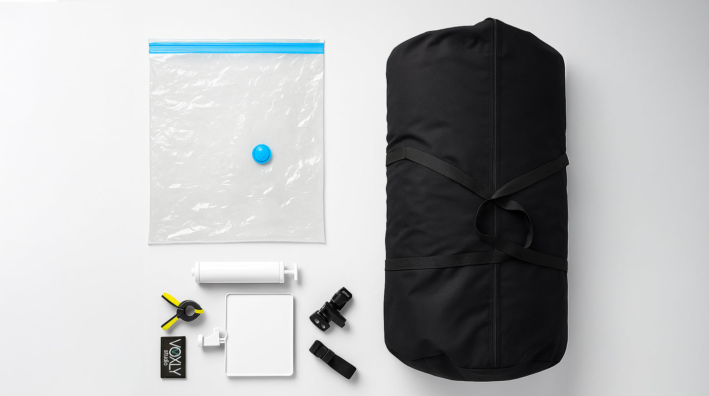 Transporttasche mit Zubehör der VOXLY Booth – kompakt verpackt
